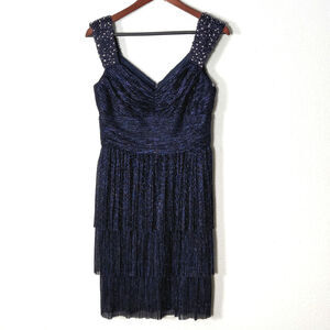 Maggy London Tiered Dress Pleated Embellished Navy Size 8 Romantic Formal